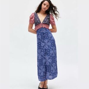 Patchwork Boho Western Cowgirl Bandana Puff Sleeve Cottage Feminine Midi Dress